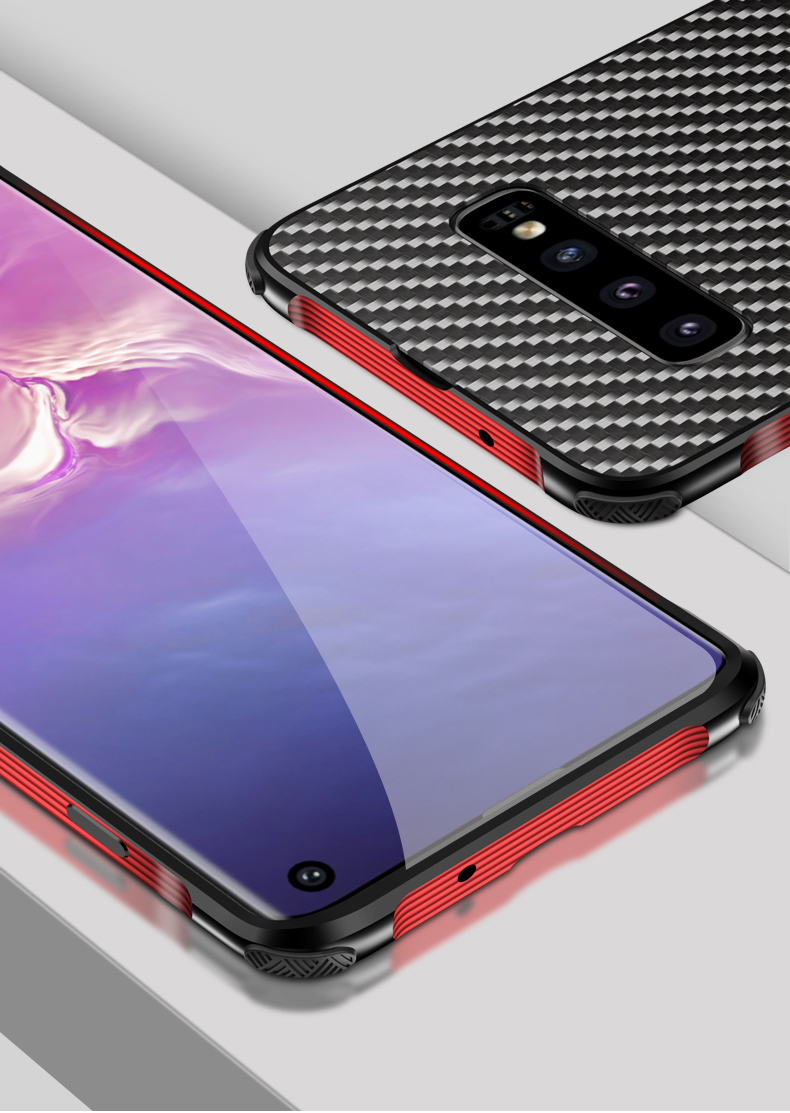 เคส Samsung Galaxy S10 ขอบกันชนอลูมิเนียมอัลลอยด์ชุบ + #เคสฝาหลังพลาสติกลายคาร์บอนไฟเบอร์ Electroplated Aluminum Alloy Bumper + Carbon Fiber PC Back Panel Slide-on