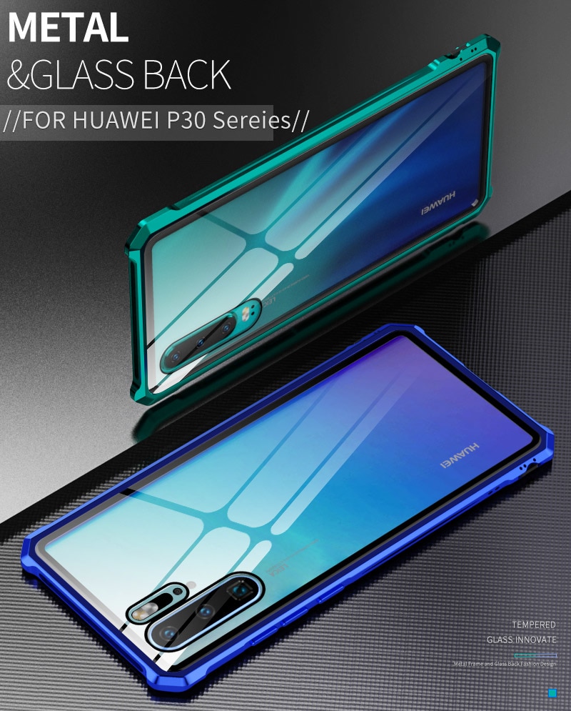 Case Huawei P30 #เคสกรอบโลหะ + แผ่นหลังกระจก Metal Frame + Glass Back ไฮบริด Protector
