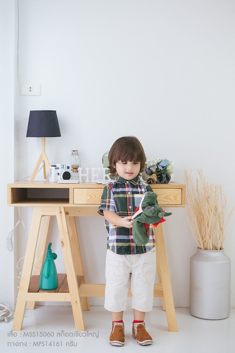 เสื้อเชิ้ตแขนสั้น ลายสก็อตโทนเขียว สำหรับเด็ก