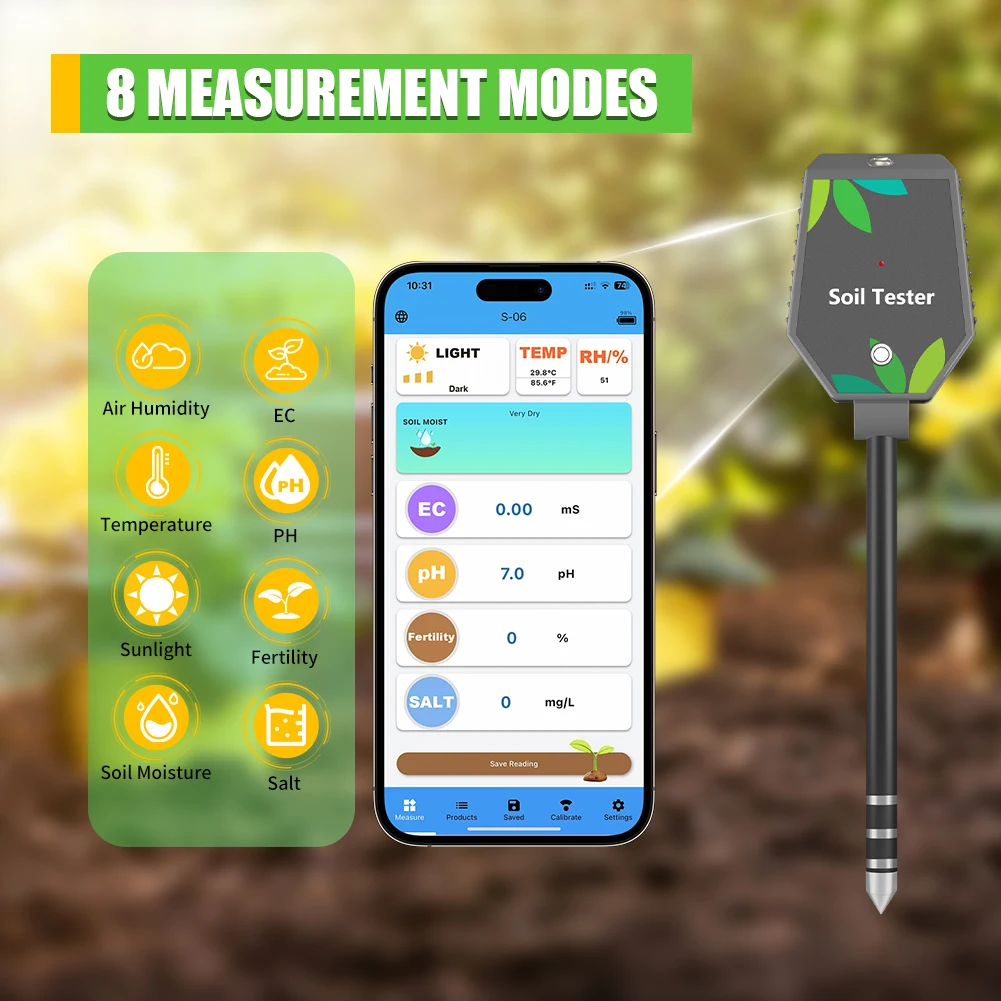 เซ็นเซอร์วัดค่าในดิน 6 IN 1 Multifunction Soil Meter Digital Ph Tester EC/Light/Moisture/Fertility Tester