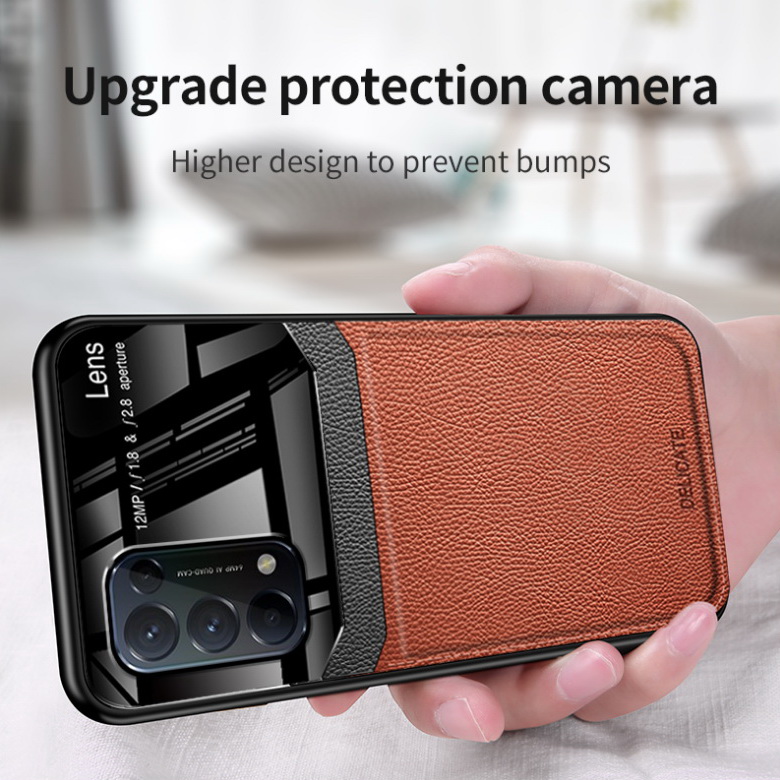 เคส OPPO Reno 5 Pro 5G #เคสฝาหลังไฮบริด PU +TPU + glass สีทูโทน Shockproof Leather Mirror Glass Silicone Phone Back Cover