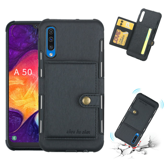 เคส Samsung Galaxy A50 / A50s / A30s #เคสฝาหลังพลาสติกเคลือบหนัง PU มีช่องใส่การ์ดพับได้ Brushed Card Slots PU Leather Coated Hard PC Casing