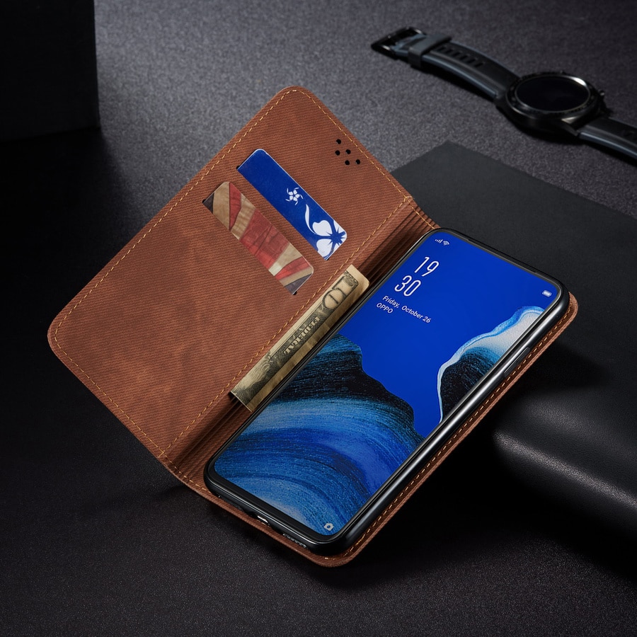 Case OPPO F11 #เคสฝาพับสไตล์ย้อนยุคผิวผ้ายีนส์แบบกระเป๋าสตางค์