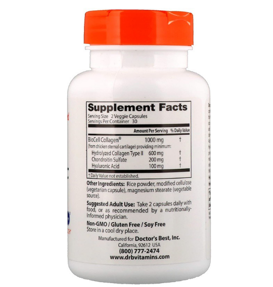 (Pre Order) Doctor's Best® Hyaluronic Acid + Chondroitin Sulfate with BioCell Collagen 60 Veggie Caps ไฮยาลูโรนิค