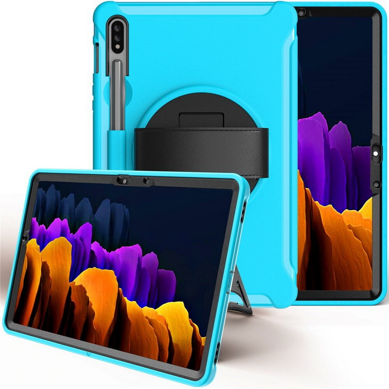 เคส Samsung Galaxy Tab S7 SM-T870 SM-T875 #เคสฝาหลังพลาสติกมีขาตั้งหมุนได้ 360° Swivel Kickstand PC + TPU Tablet Combo Shell with Hand Strap มีสายรัดมือ
