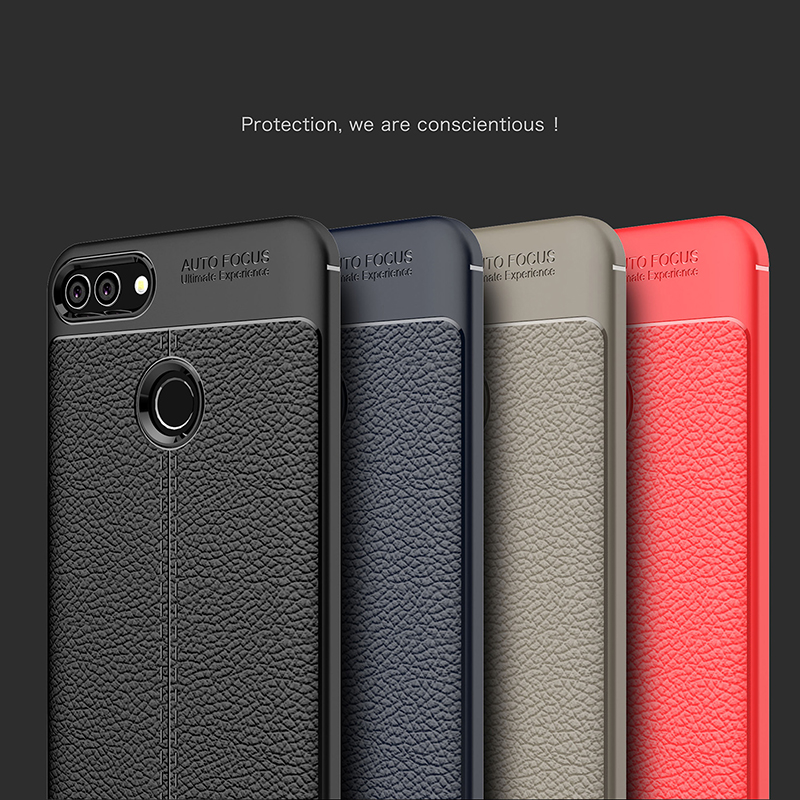 Case Huawei Y9 (2018) #เคสฝาหลัง TPU นิ่มลายหนัง PU ผิวลิ้นจี่ช่วยป้องกันลายนิ้วมือและกันลื่น