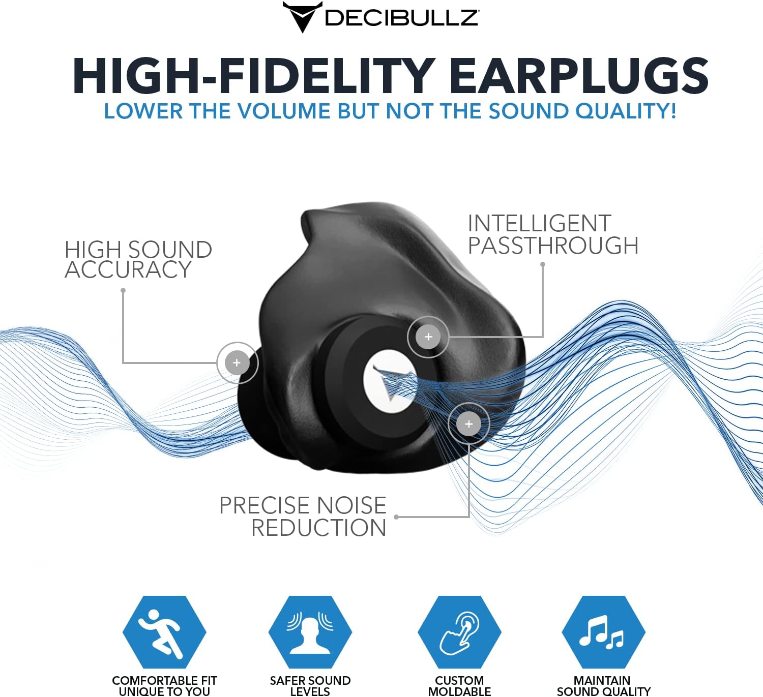 Decibullz® Custom Molded High Fidelity Earplugs ที่อุดหู กันเสียง แบบใช้ซ้ำ สำหรับคอนเสิร์ต นักดนตรี และความไวต่อเสียง