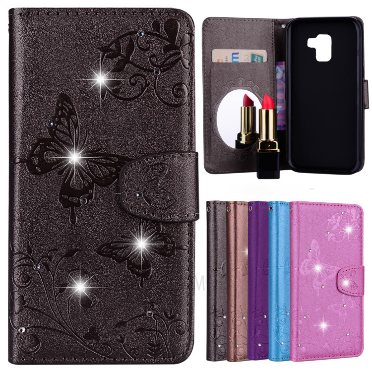 เคส Samsung Galaxy A8 (2018) #เคสฝาพับหนัง PU พิมพ์ลายดอกไม้ผีเสื้อประดับ Rhinestone