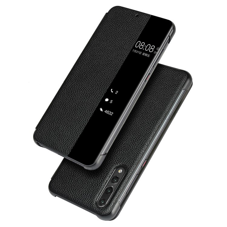 Case Huawei P20 Pro #เคสฝาพับแบบสมาร์ทมีช่องวิวแนวยาวด้านข้าง Smart View Window Cowhide Leather เคสคุณภาพดีราคาถูก