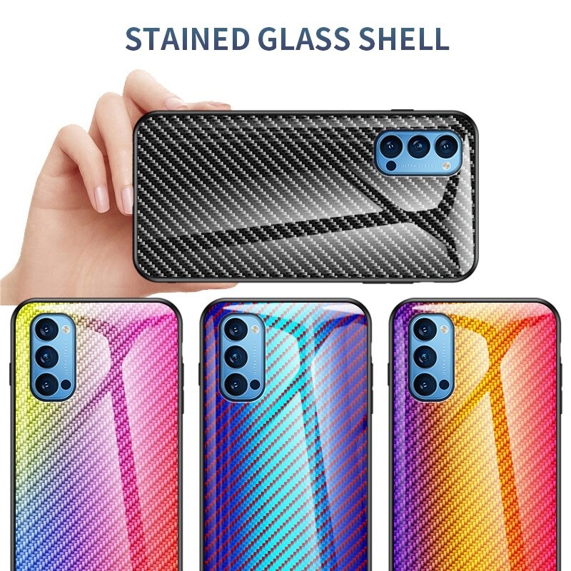 เคส OPPO Reno 4 4G #เคสฝาหลัง Gradient Color ลายคาร์บอนไฟเบอร์ Carbon fiber texture Glass Hybrid Soft Silicone Cover