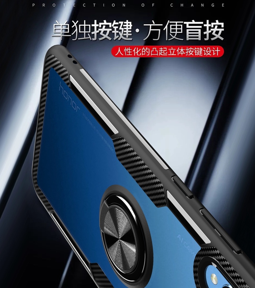 เคส Honor Play #เคสฝาหลังใสขอบสีมีแหวนสวมนิ้ว Finger Ring Kickstand TPU + Glass Combo Phone Case (Built-in Magnetic Metal Sheet)