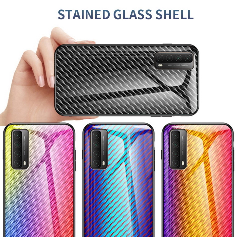 เคส Huawei Y7a #เคสฝาหลัง Gradient Color ลายคาร์บอนไฟเบอร์ Carbon fiber texture Glass Hybrid Soft Silicone Cover