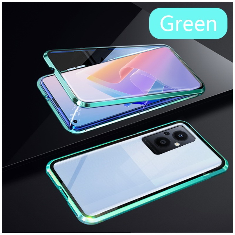 เคส OPPO Reno 7z 5G #เคสฝาครอบกระจกขอบโลหะดูดซับแม่เหล็ก Fully Protection Magnetic Adsorption Glass Metal Phone Protective