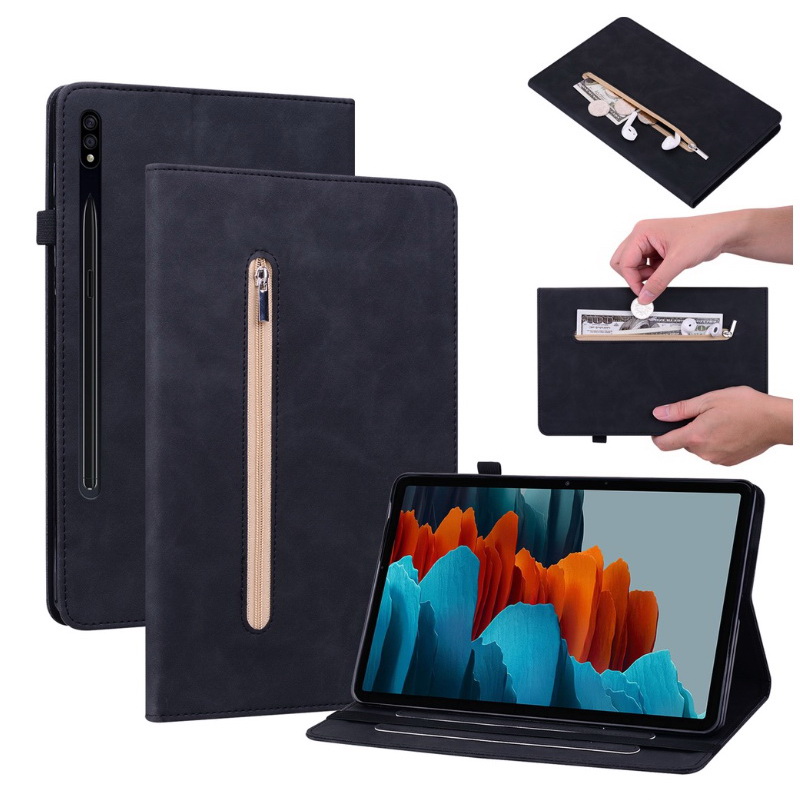 เคส Samsung Galaxy Tab S7 FE 12.4"(T730,T736) #เคสฝาพับหนัง PU ปกด้านหน้ามีช่องซิบ ด้านในช่องใส่บัตร Leather Tablet Stand Cover with Card Holder