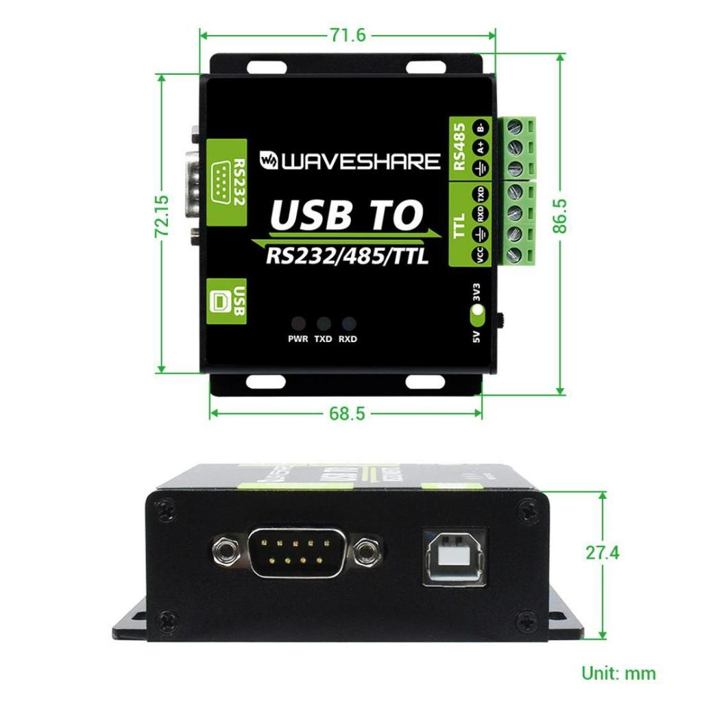 ตัวแปลงสัญญาณ ยี่ห้อ Waveshare FT232RL/CH343G USB to RS232/485/TTL Interface Converter Industrial Isolation