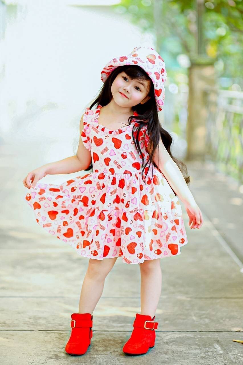 เดรสเด็กลายหัวใจ พร้อมหมวก