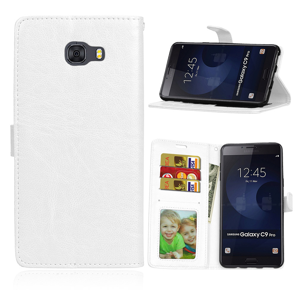 เคส Samsung Galaxy C9 Pro #เคสฝาพับสไตล์กระเป๋าสตางค์ Crazy Horse PU มีช่องใส่บัตร 3 ช่อง #เคสผิวหนังม้า