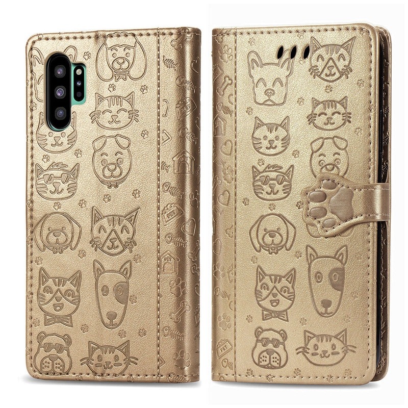 เคส Samsung Galaxy Note 10+ #เคสฝาพับลายการ์ตูนย์แถบปิดแม่เหล็กพับตั้งได้ Cat And Dog Pattern Card Slot Wallet Phone Case