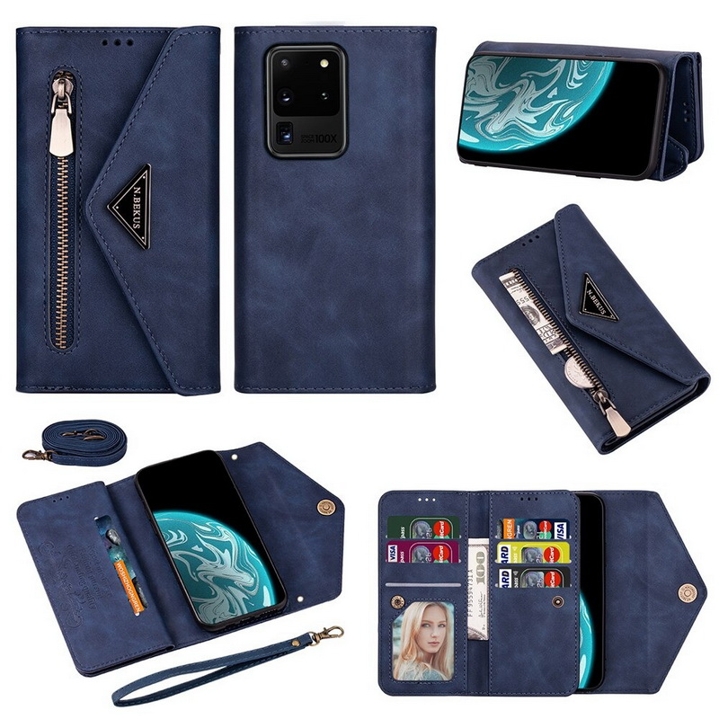 เคส Samsung Galaxy S21 Ultra #เคสฝาพับแบบกระเป๋าสตางค์ช่องใส่บัตรหลายช่องพร้อมสายคล้อง Multi-slot Wallet Zippered Envelope Flip Leather