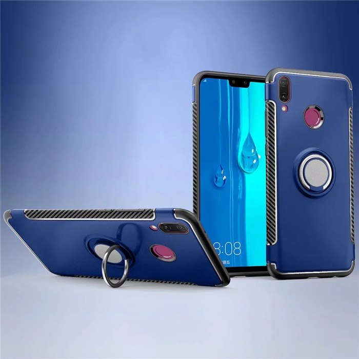 เคส Huawei Y9 (2019) #เคสฝาหลังขอบ Carbon Fiber Texture TPU มีแหวนสวมนิ้ว