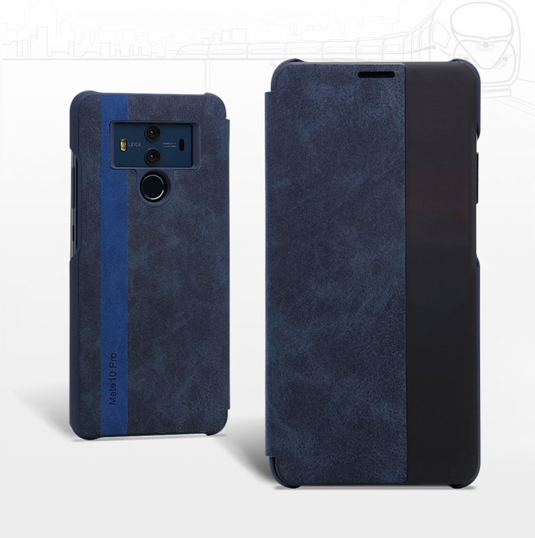 เคส Huawei Mate 10 Pro #เคสฝาพับมีช่องวิวด้านข้างแนวยาวหนัง PU ผิวหนังม้าแบบคลาสสิกตัดด้วยแถบสีดูดีมีสไตล์ คุณภาพดี