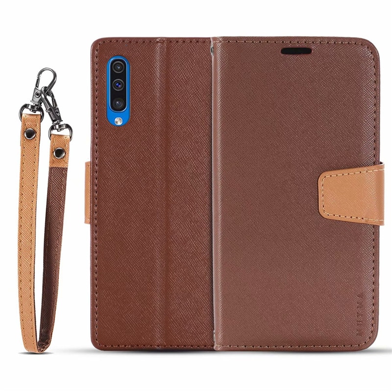 เคส Samsung Galaxy A70 #เคสแบบฝาพับมีช่องใส่บัตรมีสายคล้อง Imprint Clover Pattern Leather Wallet