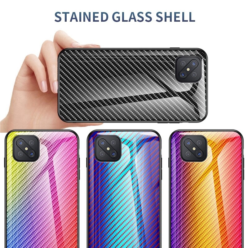 เคส OPPO Reno 4Z 5G #เคสฝาหลัง Gradient Color ลายคาร์บอนไฟเบอร์ Carbon fiber texture Glass Hybrid Soft Silicone Cover