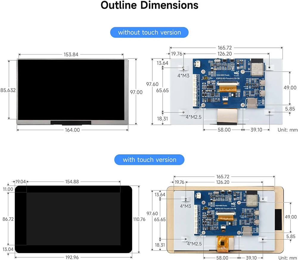 Waveshare ESP32-S3 7.0 นิ้ว 1024x600 LCD Development Board ESP32 จอแสดงผลหน้าจอสัมผัส LVGL GUI สําหรับ Arduino