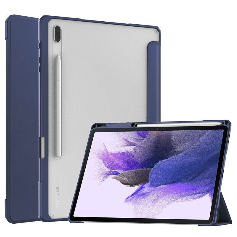 เคส Samsung Galaxy Tab S7 FE 12.4"(T730,T736) #เคสฝาพับปกหนัง PU แบบ 3 พับด้านหลังใส พับตั้งได้มีช่องใส่ปากกา Leather Tri-fold Stand Shell Cover with Auto Sleep