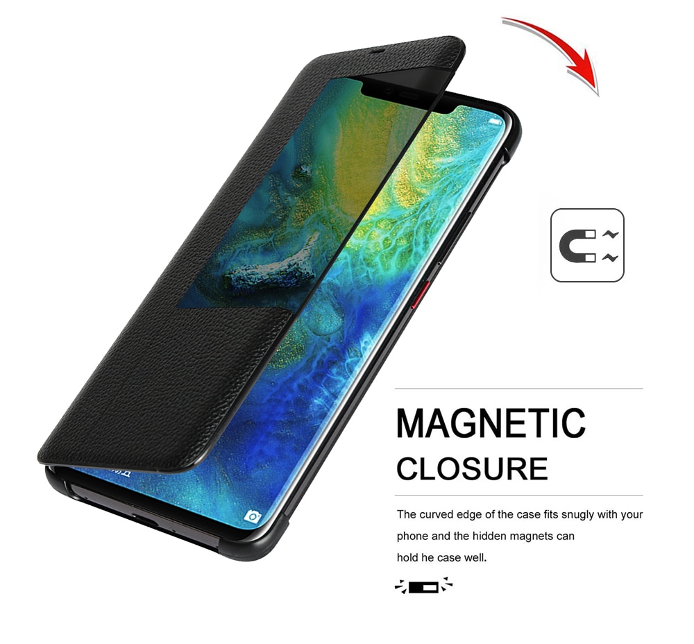 Case Huawei Mate 20 Pro #เคสฝาพับมีช่องวิวผิวลิ้นจี่ View Window Litchi Skin Genuine Leather Flip Cover