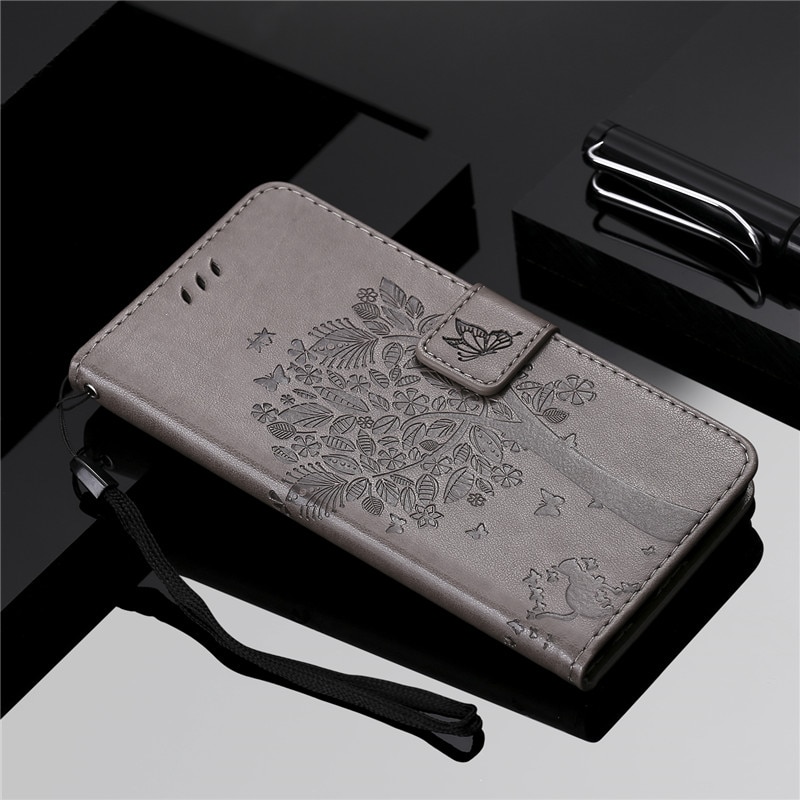 Case Xiaomi Mi 9 SE #เคสฝาพับหนัง PU พิมพ์ลาย Imprint Cat and Tree Pattern Leather Protection Cover