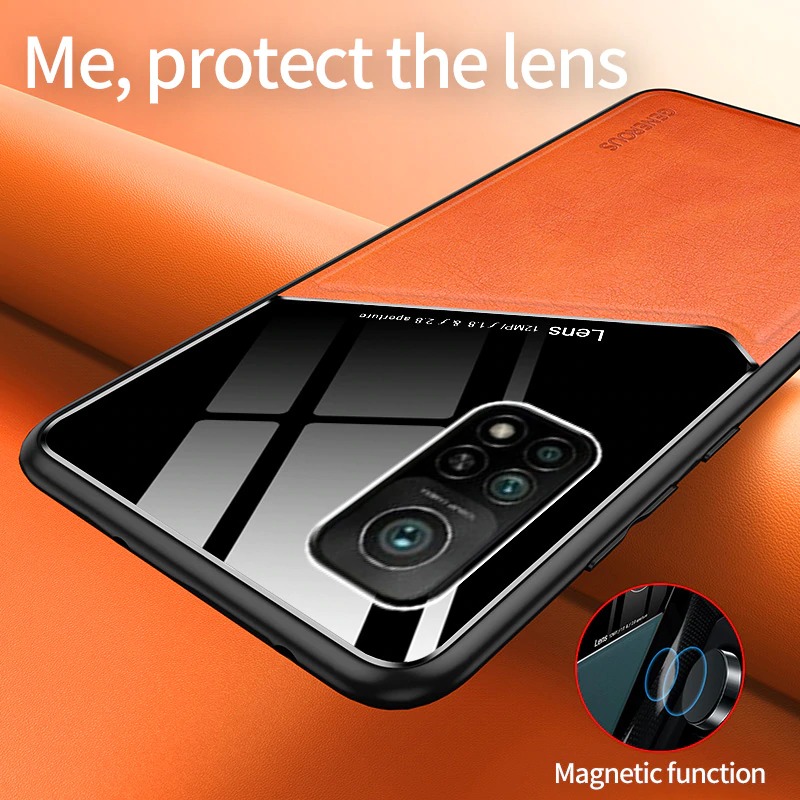 เคส Xiaomi Mi 10T Pro #เคสฝาหลังไฮบริด PU +TPU + glass สีทูโทน Shockproof Leather Mirror Glass Silicone Phone Back Cover