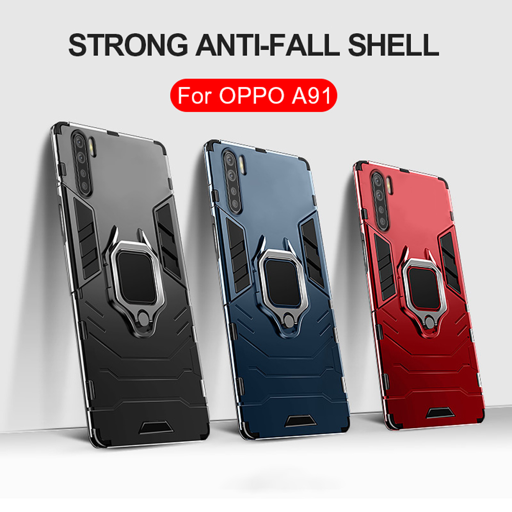 Case OPPO A91#เคสฝาหลังพลาสติกแข็ง +TPU Hybrid Case มีแหวนสวมนิ้วโลหะ