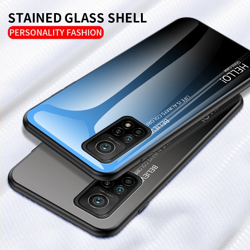 เคส Xiaomi Mi 10T Pro #เคสฝาหลัง Gradient Color Glass + PC + TPU Hybrid Case