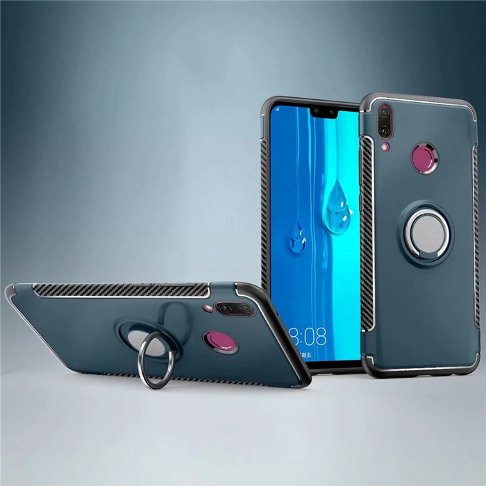 เคส Huawei Y9 (2019) #เคสฝาหลังขอบ Carbon Fiber Texture TPU มีแหวนสวมนิ้ว