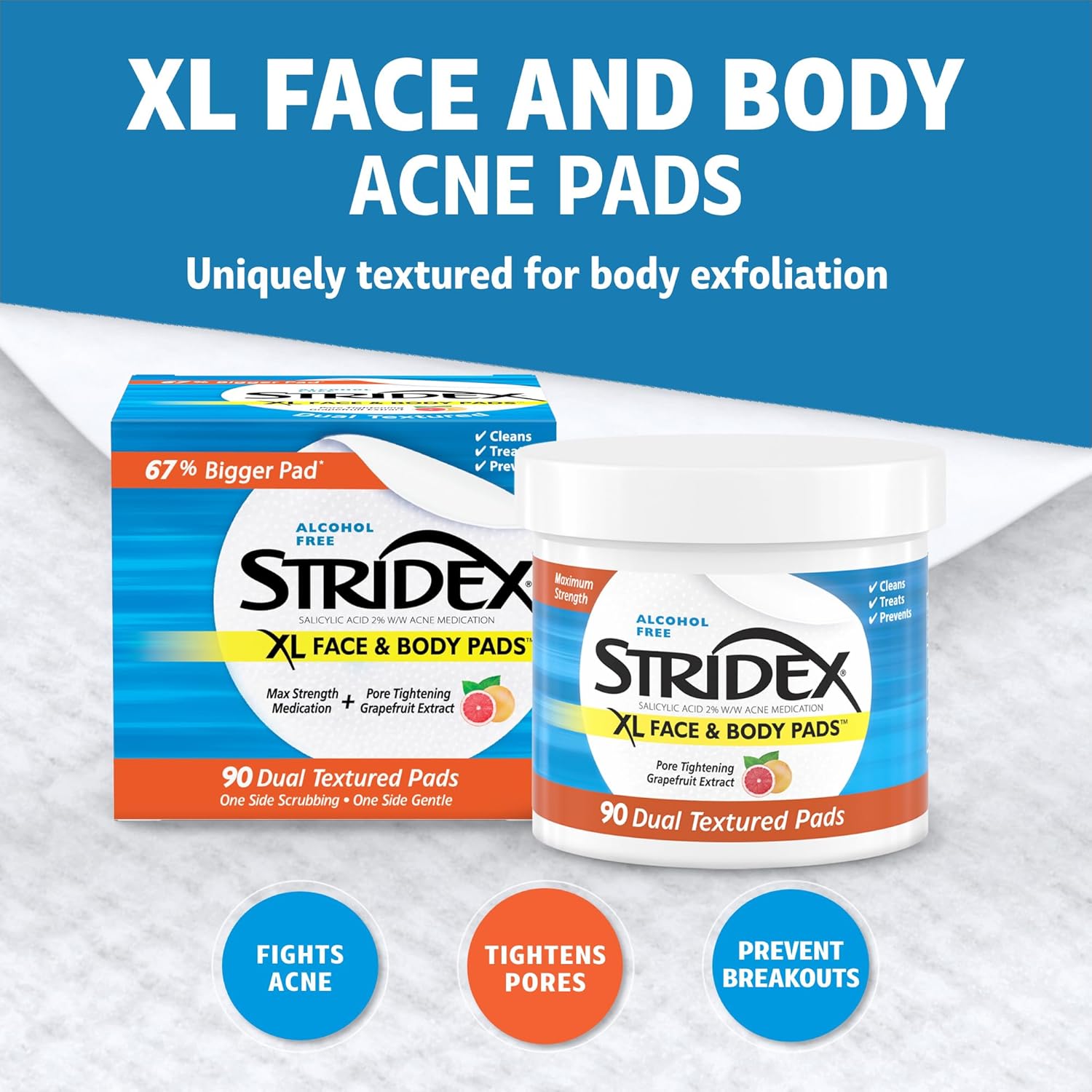 (Pre Order) Stridex® XL Face & Body Pads 90 Count แผ่นเช็ดทำความสะอาดใบหน้าและร่างกาย ขนาดใหญ่ ลดการเกิดสิว