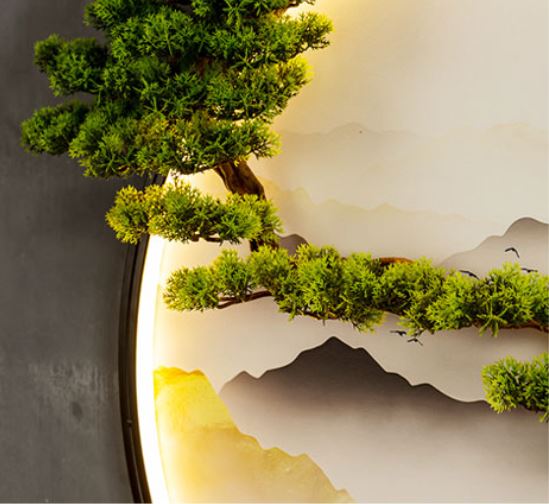 ภาพแขวนต้นสนประกอบด้วยภาพวาดแบบจีนพร้อมหลอดไฟ LED ประดับกำแพง Pine Tree Chinese Painting with LED Wall Decoration เสริมสิริมงคล เสริมฮวงจุ้ย