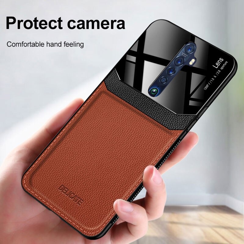 เคส Oppo Reno 2 #เคสฝาหลังไฮบริด PU +TPU + glass สีทูโทน Shockproof Leather Mirror Glass Silicone Phone Back Cover