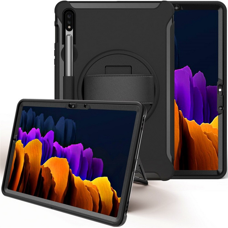 เคส Samsung Galaxy Tab S7 SM-T870 SM-T875 #เคสฝาหลังพลาสติกมีขาตั้งหมุนได้ 360° Swivel Kickstand PC + TPU Tablet Combo Shell with Hand Strap มีสายรัดมือ
