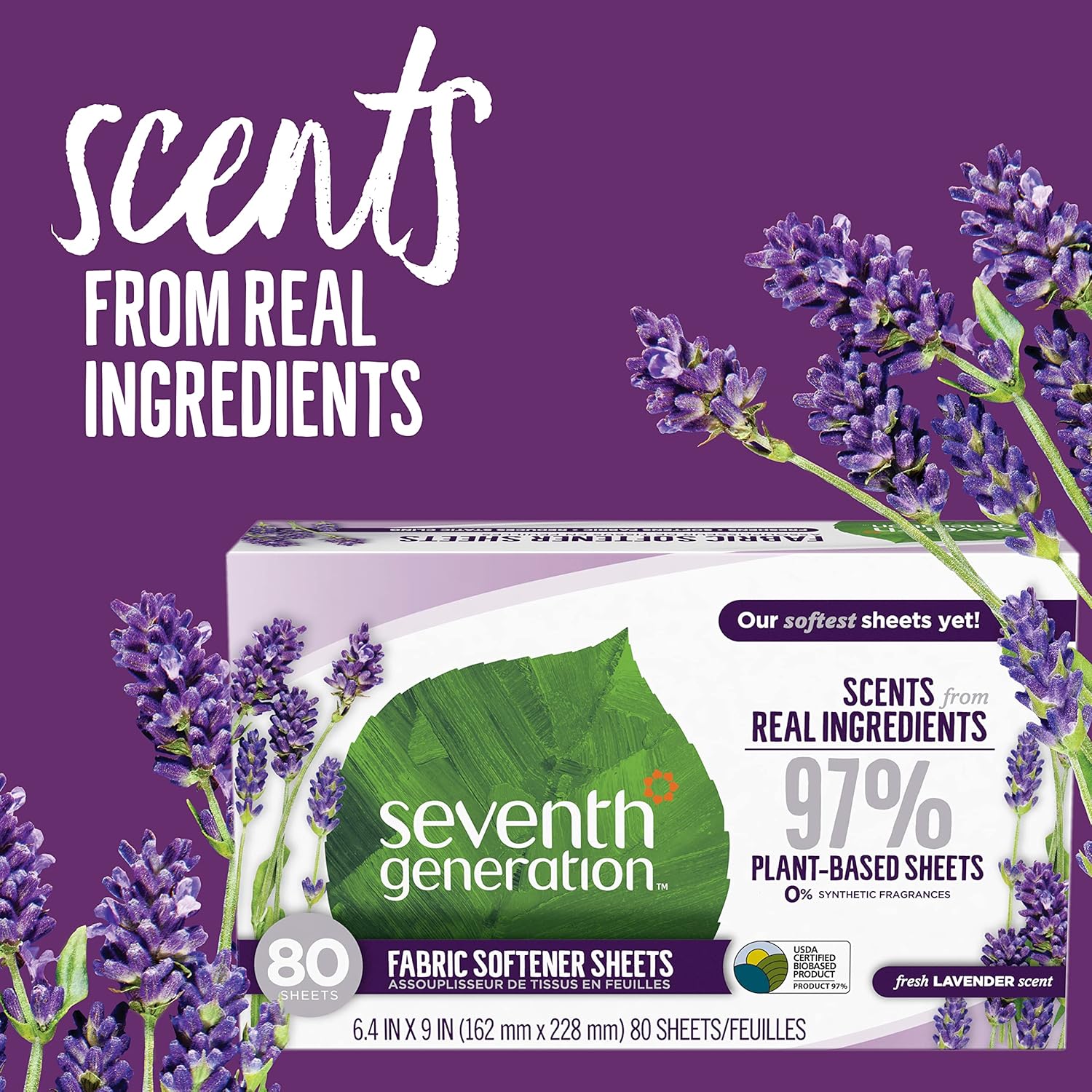 Seventh Generation® Dryer Sheets Fabric Softener Scent, 80 Sheets แผ่นหอมอบผ้า แผ่นปรับผ้านุ่ม