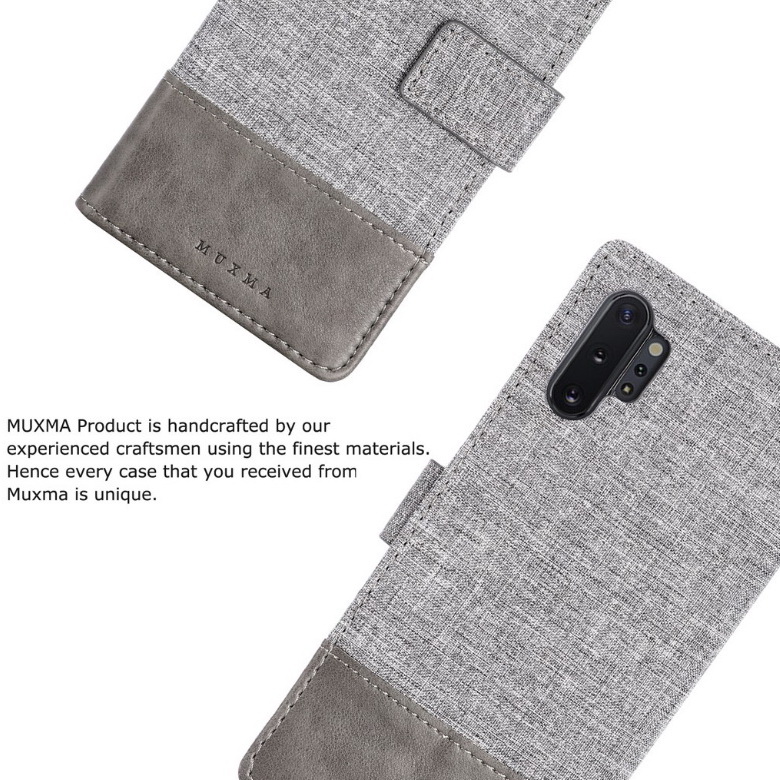 เคส Samsung Galaxy Note 10+ #เคสแบบฝาพับ MUXMA หนัง PU ออกแบบสีทูโทนตัดลายผ้า Canvas Splicing