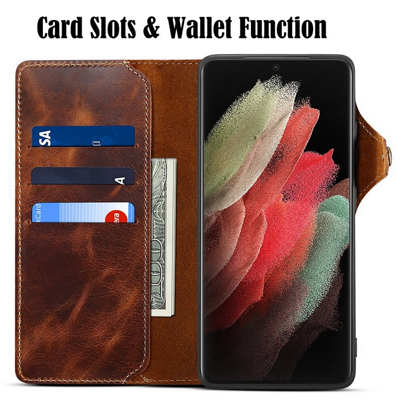 Case Samsung Galaxy S23 Ultra 5G#เคสฝาพับหนังแท้พร้อมสายคล้อง Genuine Wallet Leather Phone Cover with Lanyard