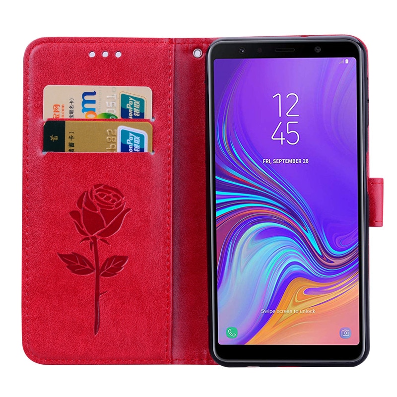 Case Samsung Galaxy A7 (2018) #เคสฝาพับหนัง PU ลายดอกกุหลาบแบบกระเป๋าสตางค์ Imprinted Rose Leather