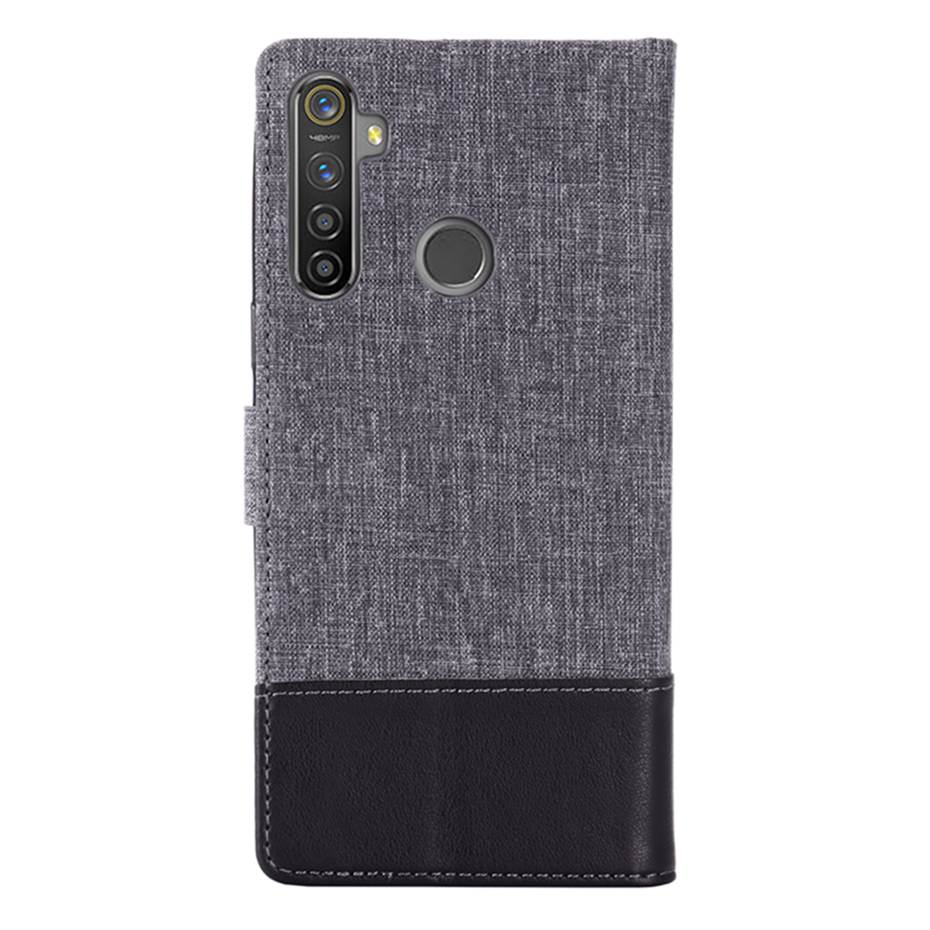 เคส Realme 5 Pro #เคสแบบฝาพับ MUXMA หนัง PU ออกแบบสีทูโทนตัดลายผ้า Canvas Splicing