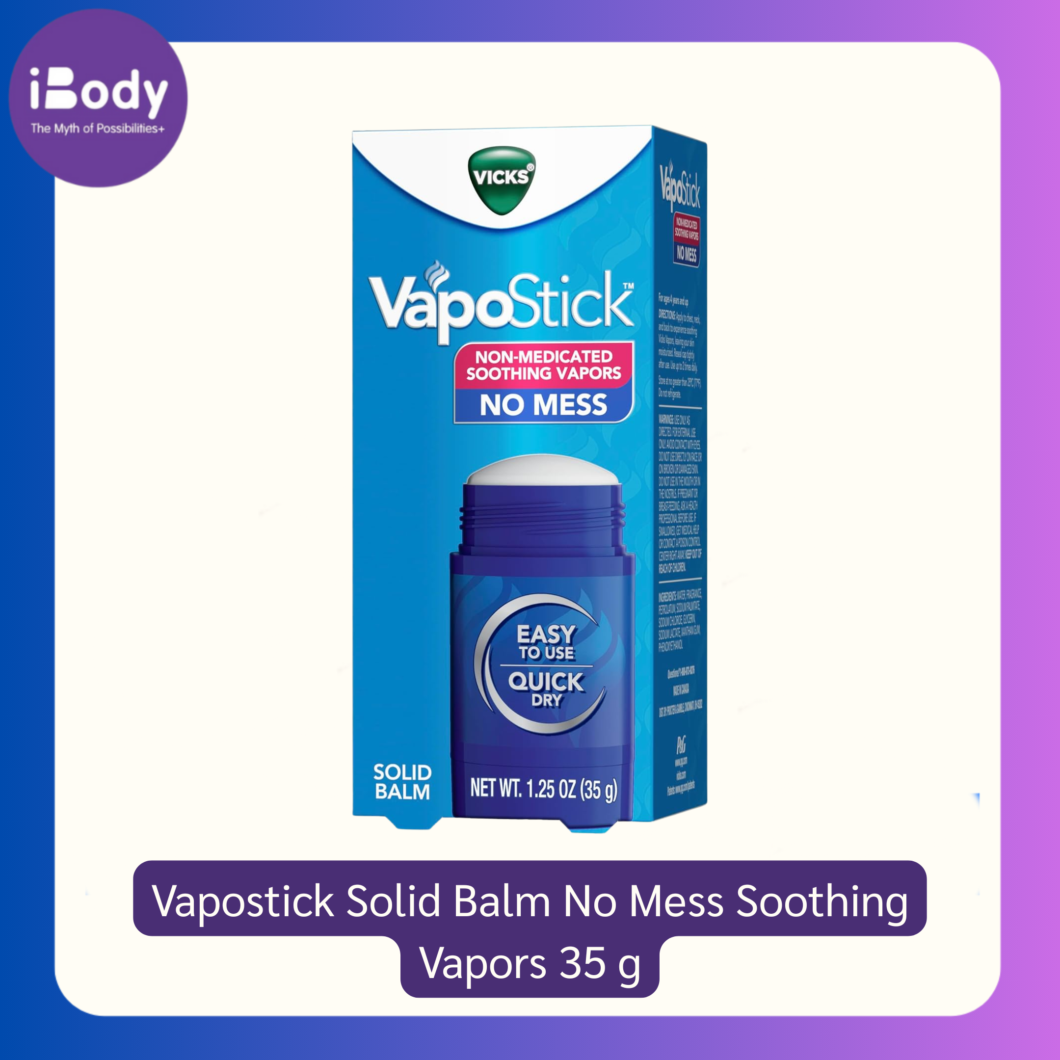 Vicks - Vapostick Solid Balm No Mess Soothing Vapors 35 g วิคส์ วาโปรับ สติ๊ก บาล์มแบบแท่ง กลิ่นหอม สดชื่น