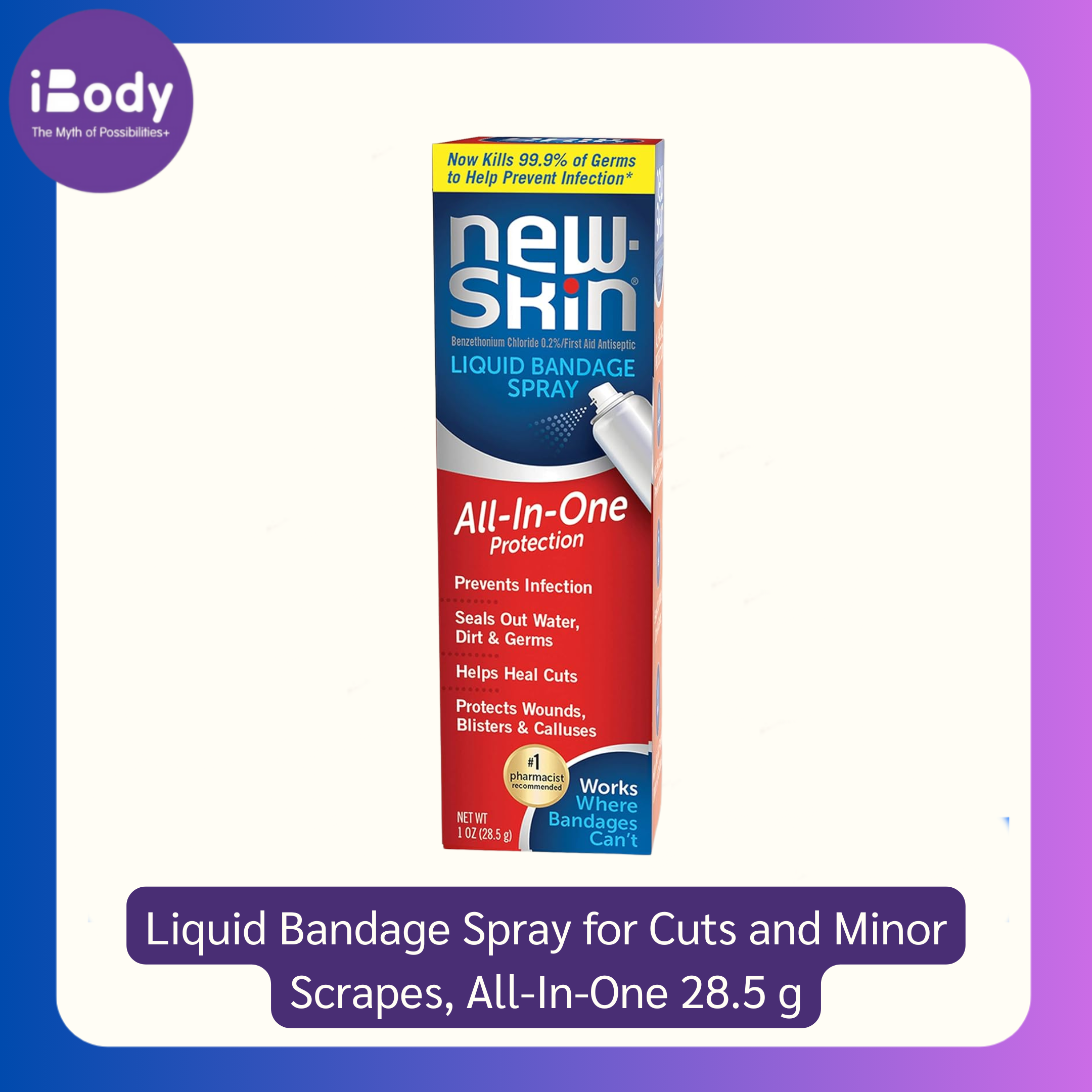 NEW-SKIN® - Liquid Bandage Spray for Cuts and Minor Scrapes, All-In-One 28.5 g สเปรย์ฆ่าเชื้อ สำหรับบาดแผล รอยถลอก