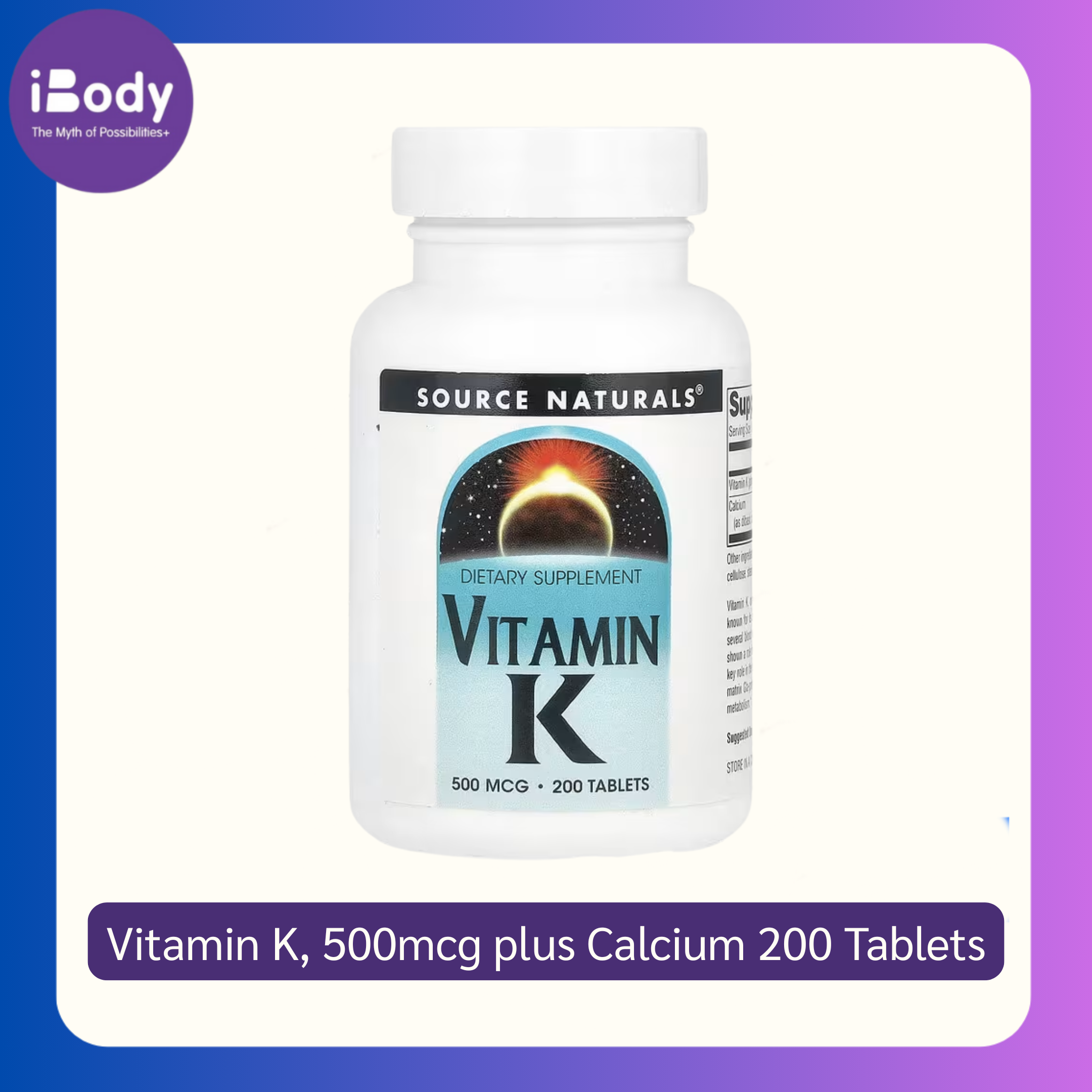 วิตามินเค Vitamin K, 500mcg plus Calcium 200 เม็ด (Source Naturals)