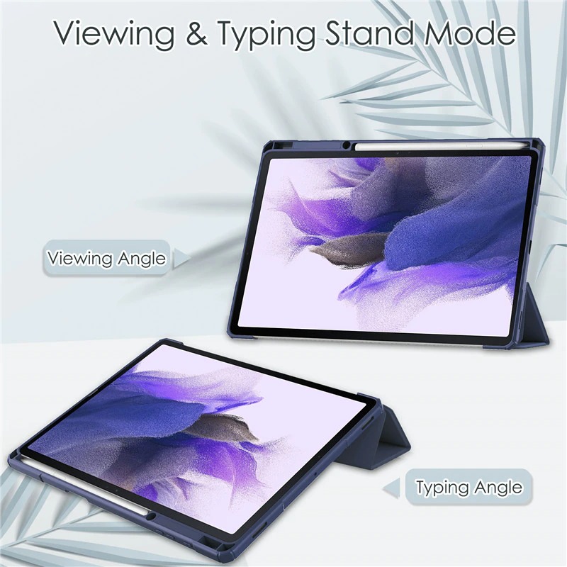เคส Samsung Galaxy Tab S7 FE 12.4"(T730,T736) #เคสฝาพับปกหนัง PU แบบ 3 พับด้านหลังใส พับตั้งได้มีช่องใส่ปากกา Leather Tri-fold Stand Shell Cover with Auto Sleep