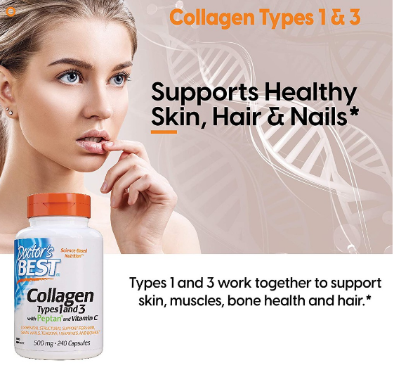คอลลาเจน Collagen Types 1 and 3 with Peptan + C 240 Capsules (Doctor's Best®)