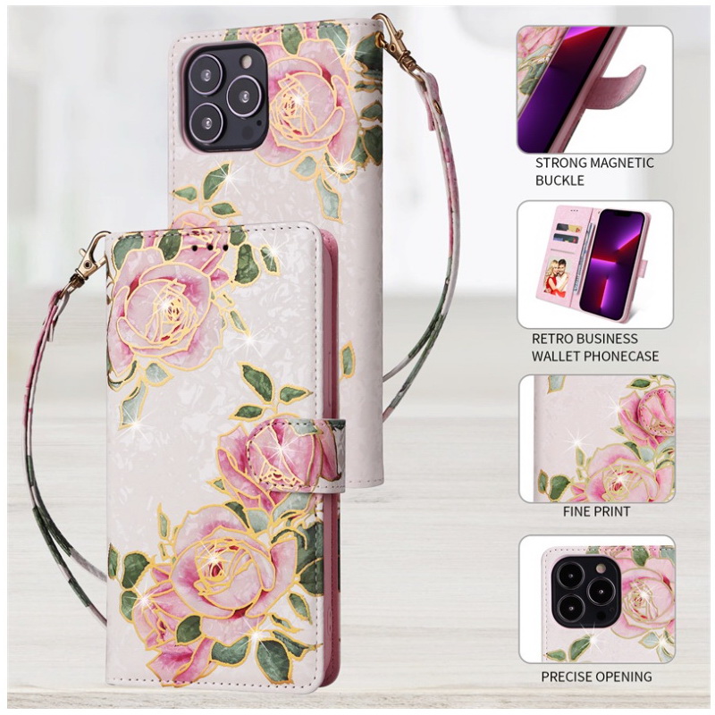 เคส iphone 15 pro max #เคสฝาพับหนัง PU ลายดอกไม้สวยๆ มีช่องใส่บัตร